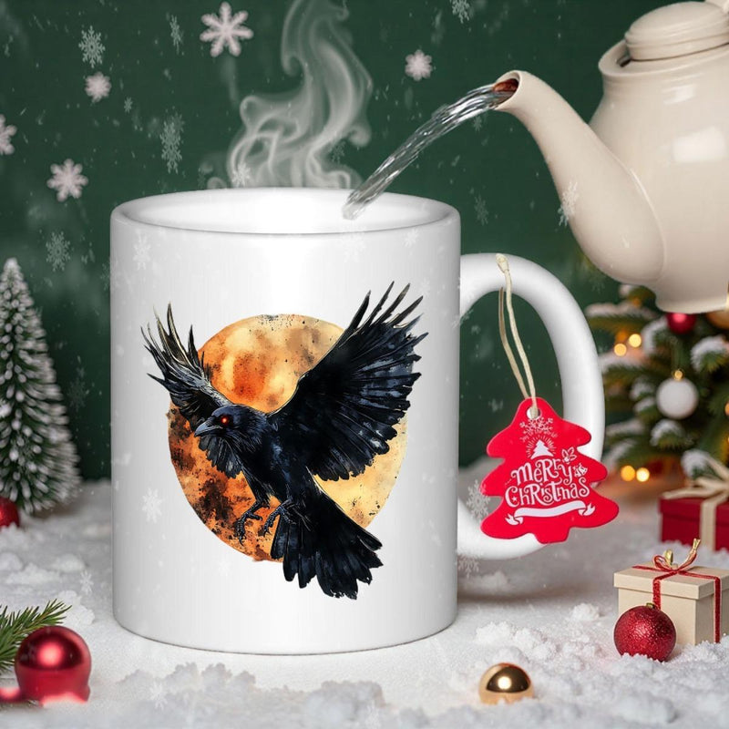 Tailorly White Ceramic 11 oz Mug - Merry Christmas Majestic Black Bird Flying In Front Of Large Textured Full Moon Raven