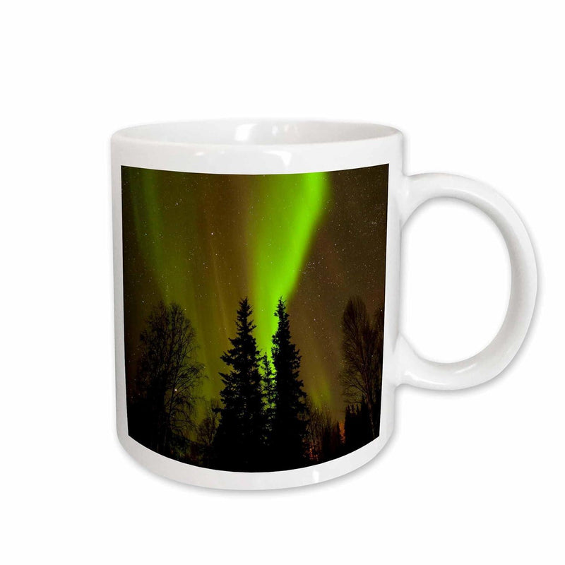Tailorly White Ceramic 11 oz Mug - Glowing Green Northern Lights Dancing Above Silhouette Of Midnight Pine Forest