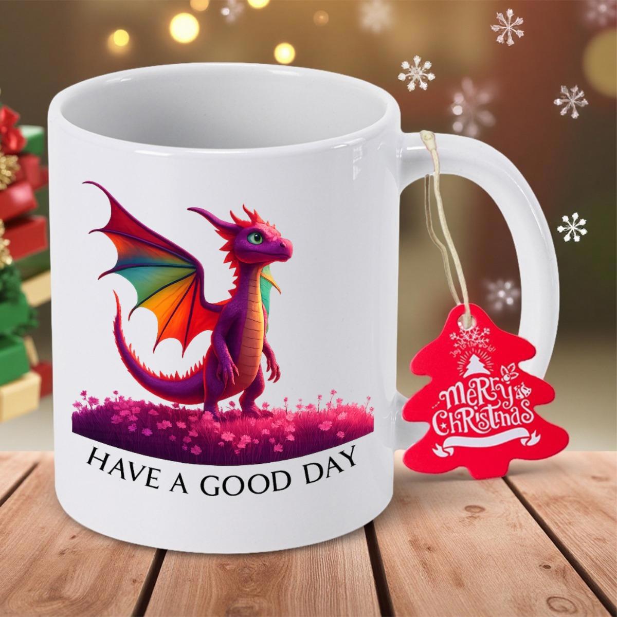 Tailorly White Ceramic 11 oz Mug - Have A Good Day Tiny Purple Creature With Colorful Rainbow Wings Over Sparkling Pink Meadow Dragon