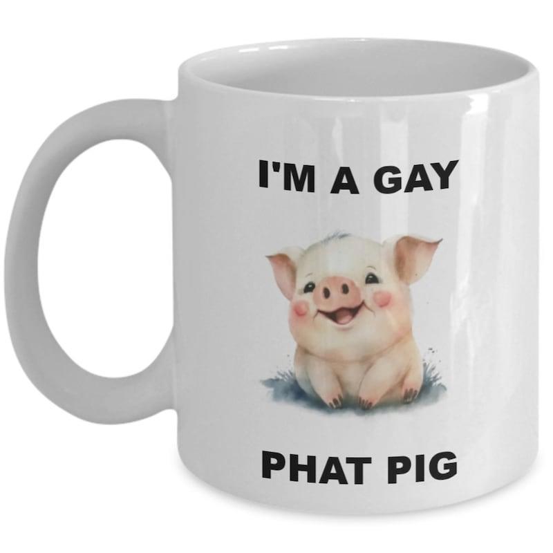 Tailorly White Ceramic 11 oz Mug - Im A Gay Phat Pig Smiling Little Pink Farm Animal Sitting Among Soft Green Grass Pig