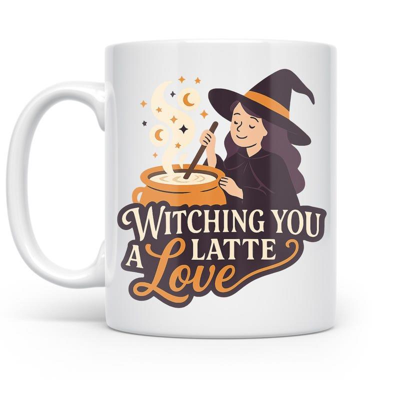 Tailorly White Ceramic 11 oz Mug - Witching You A Latte Love Magical Cauldron Stirred By Enchanting Figure Surrounded By Glowing Stars Witch