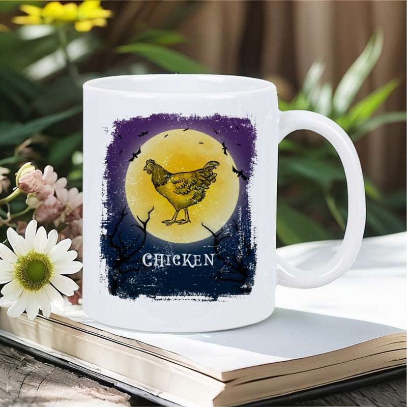 Tailorly White Ceramic 11 oz Mug - Chicken Spooky Night Moon With Flying Bats Among Bare Trees Chicken