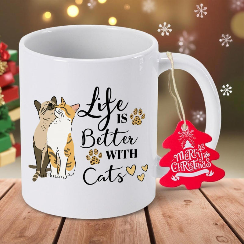 Tailorly White Ceramic 11 oz Mug - Life Better Cats Two Loving Felines Nuzzling Together Among Golden Paw Prints And Hearts Cat