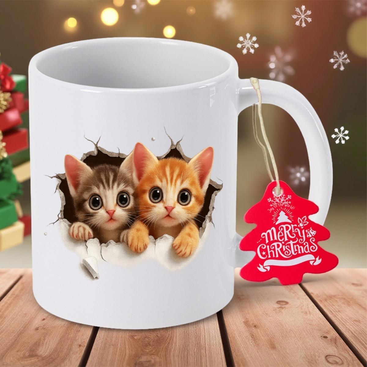 Tailorly White Ceramic 11 oz Mug - Merry Christmas Two Adorable Fluffy Kittens Peeking From A Torn Paper Hole Cat