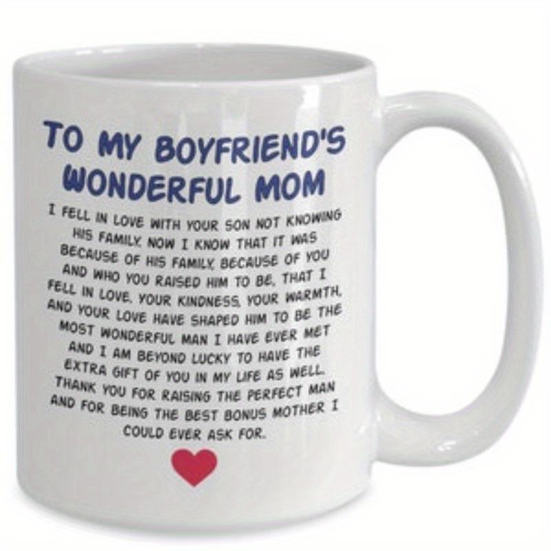 Tailorly White Ceramic 11 oz Mug - To My Boyfriends Wonderful Mom Sentimental Blue Text With A Small Vibrant Red Heart