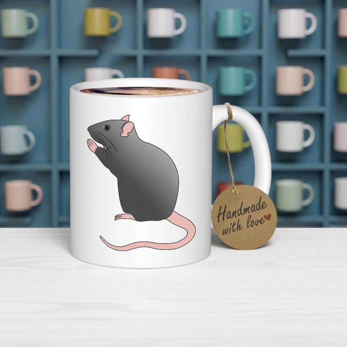 Tailorly White Ceramic 11 oz Mug - Minimalist Cute Grey Pet Mouse With Long Tail And Pink Ears Rat
