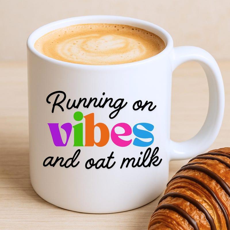 Tailorly White Ceramic 11 oz Mug - Running On Vibes And Oat Milk White Ceramic Coffee Cup Filled With Latte Near Crispy Sweet Croissant Mug