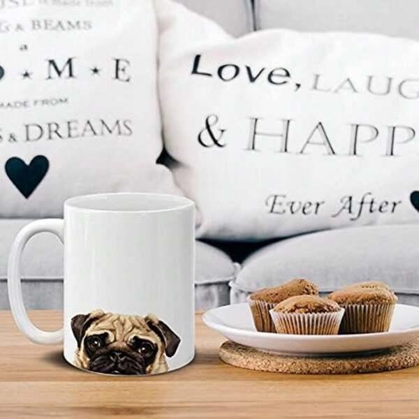 Tailorly White Ceramic 11 oz Mug - Adorable Little Dog Peeking From Below With Wrinkled Features Pug