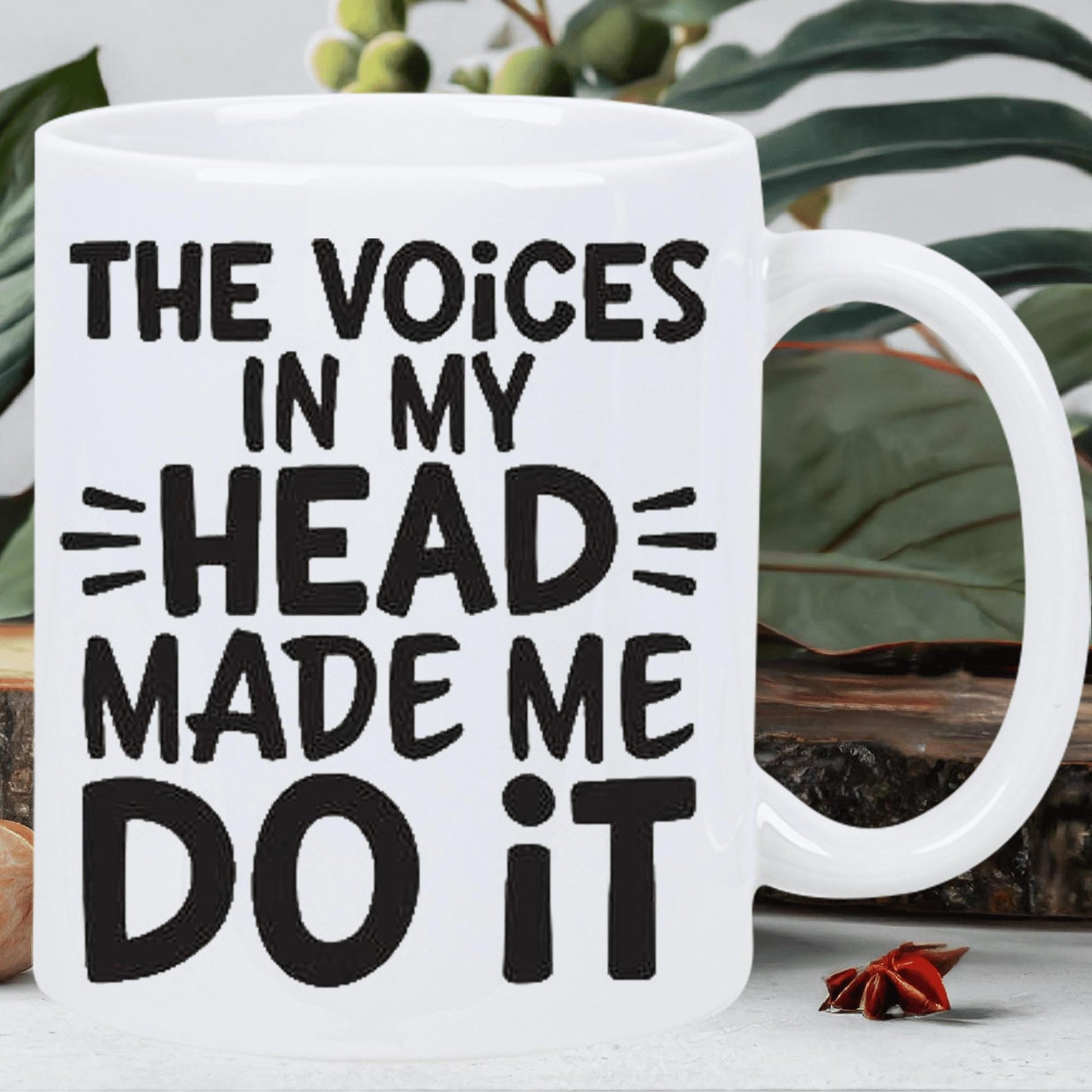 Tailorly White Ceramic 11 oz Mug - The Voices In My Head Made Me Do It Minimalist White Ceramic Vessel Featuring Bold Black Lettering And Decorative Dashes Mug