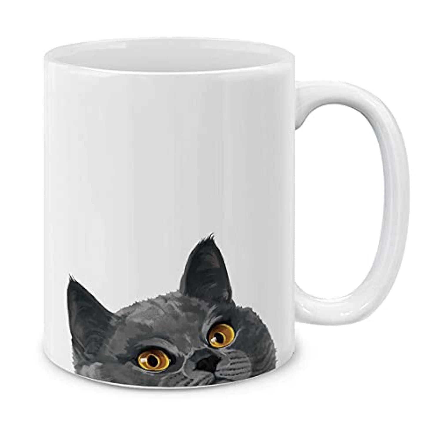 Tailorly White Ceramic 11 oz Mug - Mysterious Peeking Dark Grey Cat With Piercing Golden Eyes Cat