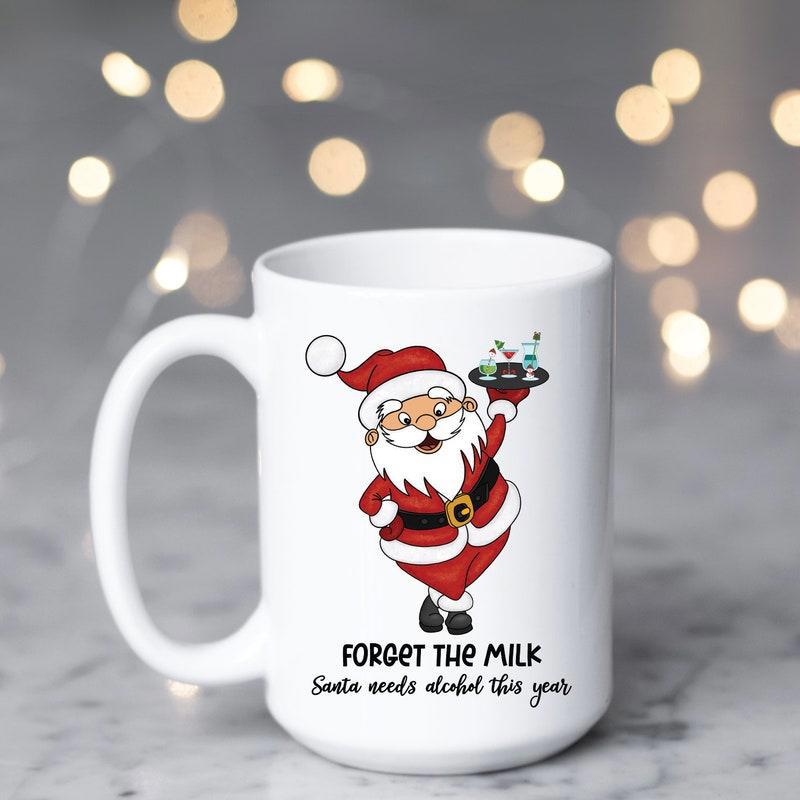 Tailorly White Ceramic 11 oz Mug - Forget The Milk Santa Needs Alcohol This Year Festive Cartoon Santa Holding A Tray Filled With Refreshing Drinks Santa