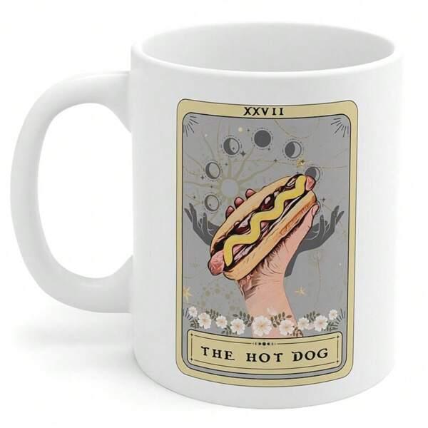 Tailorly White Ceramic 11 oz Mug - The Hot Dog Hand Holding Fast Food With Celestial Moon Phases And Flowers Hot Dog
