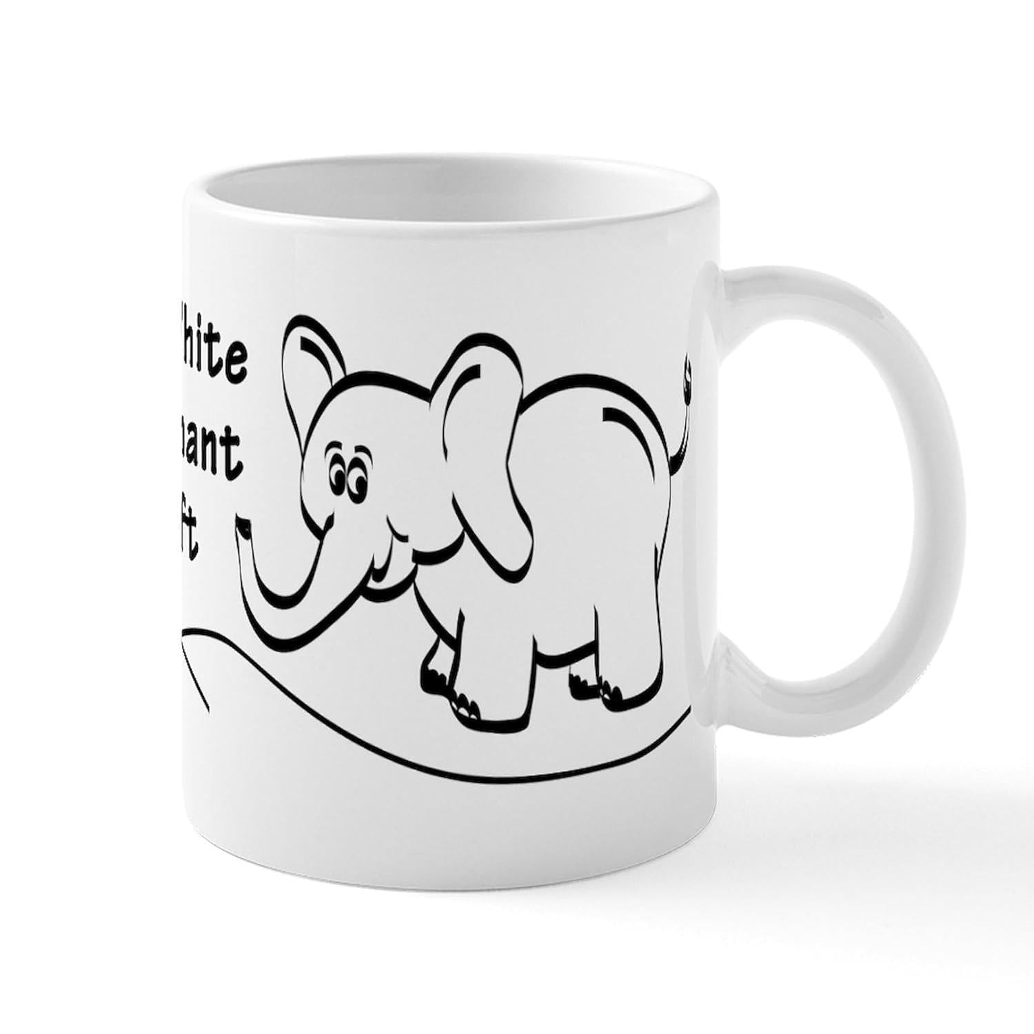 Tailorly White Ceramic 11 oz Mug - White Elephant Gift Minimalist Hand Drawn Black Lines Illustrating A Joyful Small Cartoon Elephant