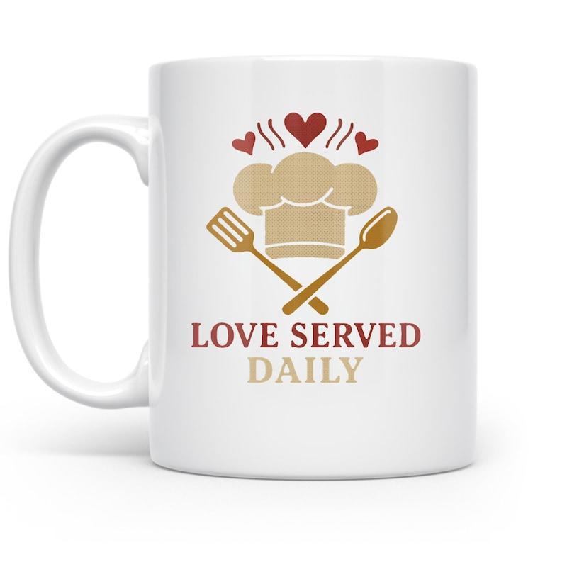 Tailorly White Ceramic 11 oz Mug - Love Served Daily Featuring Crossed Spatula And Spoon With Floating Hearts Above Kitchen Chef Hat