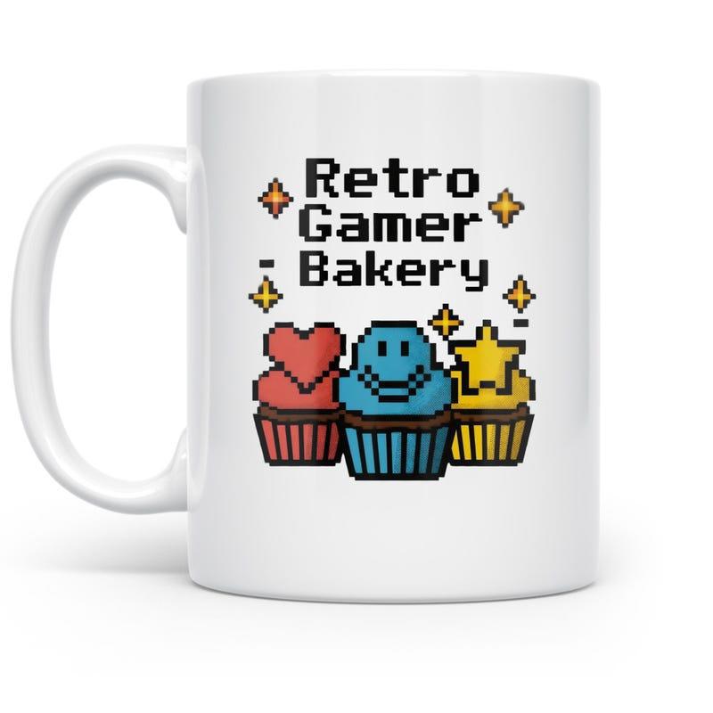 Tailorly White Ceramic 11 oz Mug - Retro Gamer Bakery Three Pixelated Sweet Treats With Heart Star And Smiling Face Cupcake