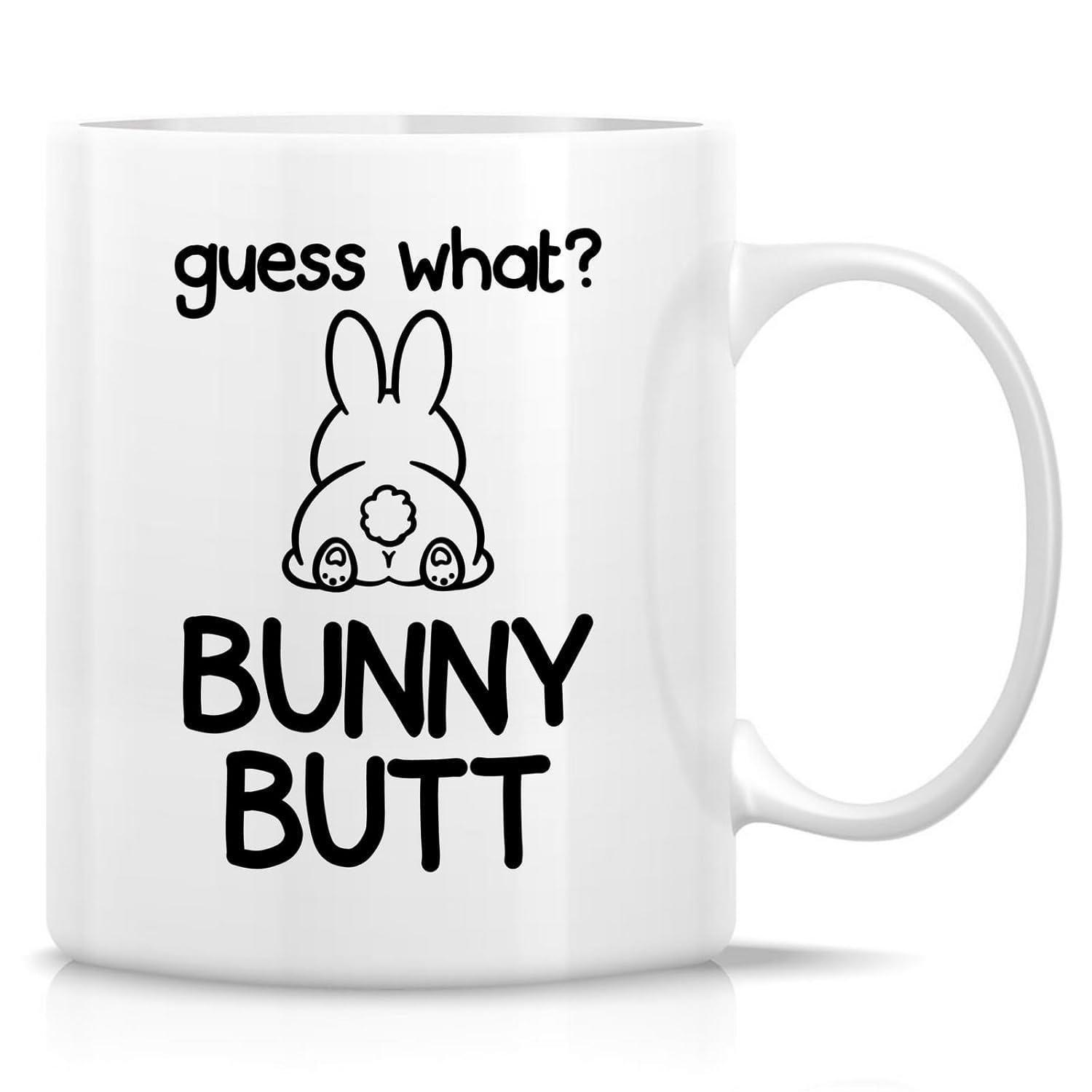 Tailorly White Ceramic 11 oz Mug - Guess What Bunny Butt Minimalist Black Line Art Sketch Featuring A Cute Fluffy Tail Bunny