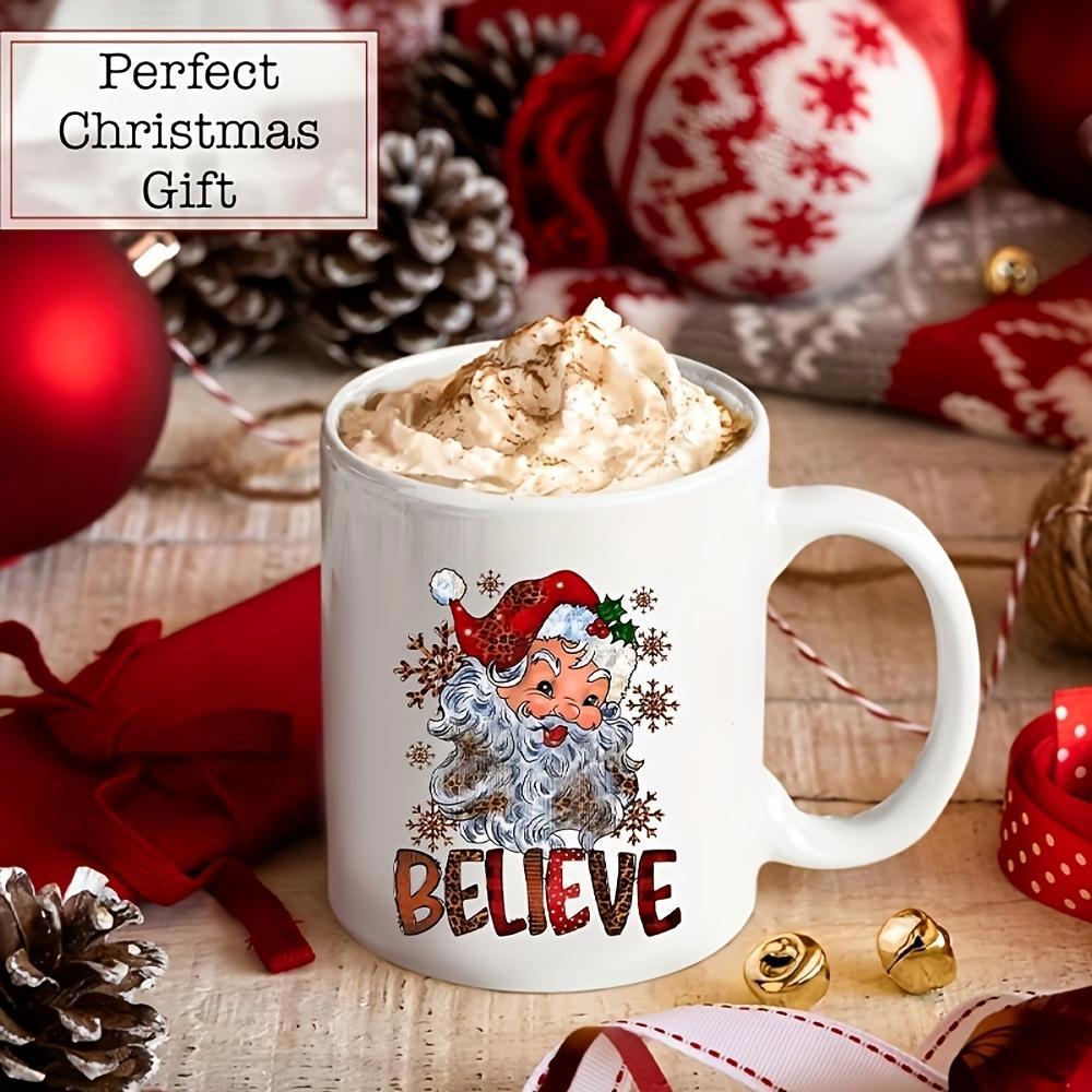 Tailorly White Ceramic 11 oz Mug - Believe Jolly Vintage Santa Claus Wearing Red Hat Among Falling Snowflakes Santa