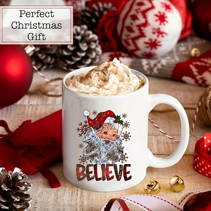 Tailorly White Ceramic 11 oz Mug - Believe Jolly Vintage Santa Claus Wearing Red Hat Among Falling Snowflakes Santa