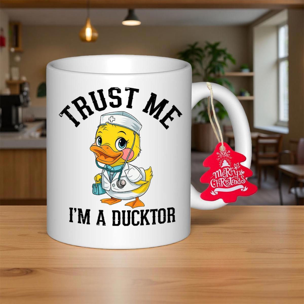Tailorly White Ceramic 11 oz Mug - Trust Me Im A Ducktor Adorable Yellow Cartoon Character Wearing Medical Uniform And Stethoscope Duck