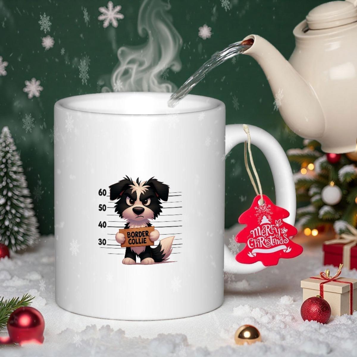 Tailorly White Ceramic 11 oz Mug - Border Collie Adorable Small Puppy Posing For A Funny Arrest Mugshot Profile Dog