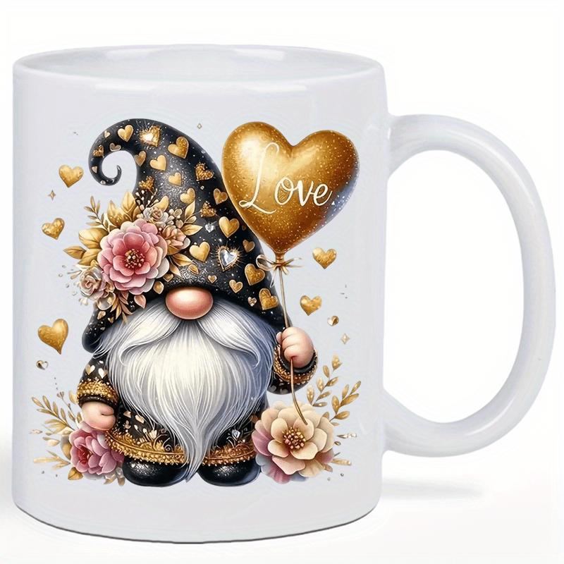 Tailorly White Ceramic 11 oz Mug - Love Decorative Golden Hearts Surrounding A Charming Flower Hat Garden Gnome