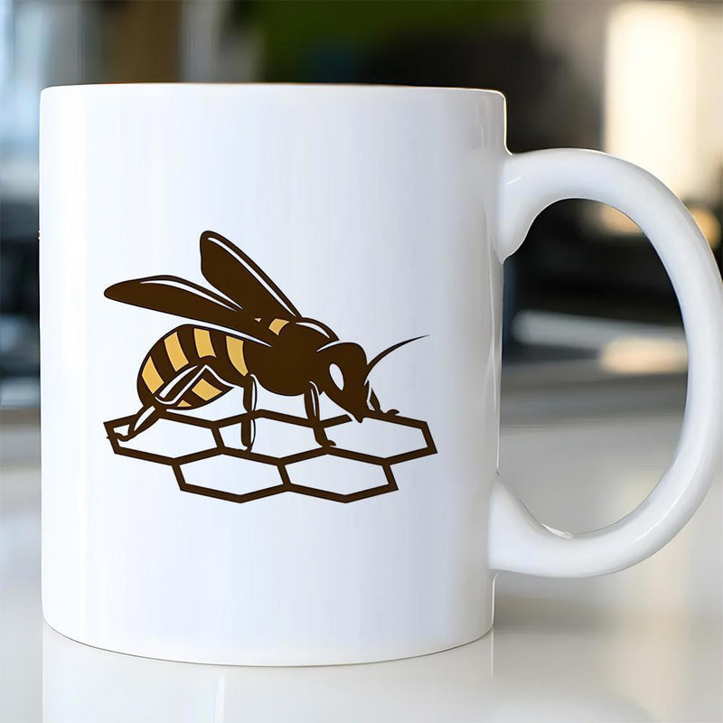 Tailorly White Ceramic 11 oz Mug - Stylized Honeybee Resting On A Intricate Geometric Patterned Honeycomb Bee