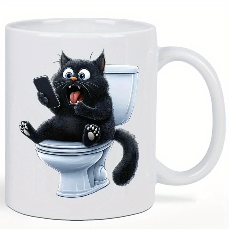 Tailorly White Ceramic 11 oz Mug - Surprised Fluffy Black Cat Holding Smart Phone While Sitting On Toilet Cat