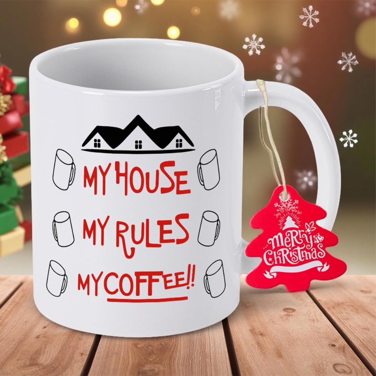 Tailorly White Ceramic 11 oz Mug - My House My Rules My Coffee Hand Drawn Red Lettering With Minimalist House Silhouette And Marshmallows Mug