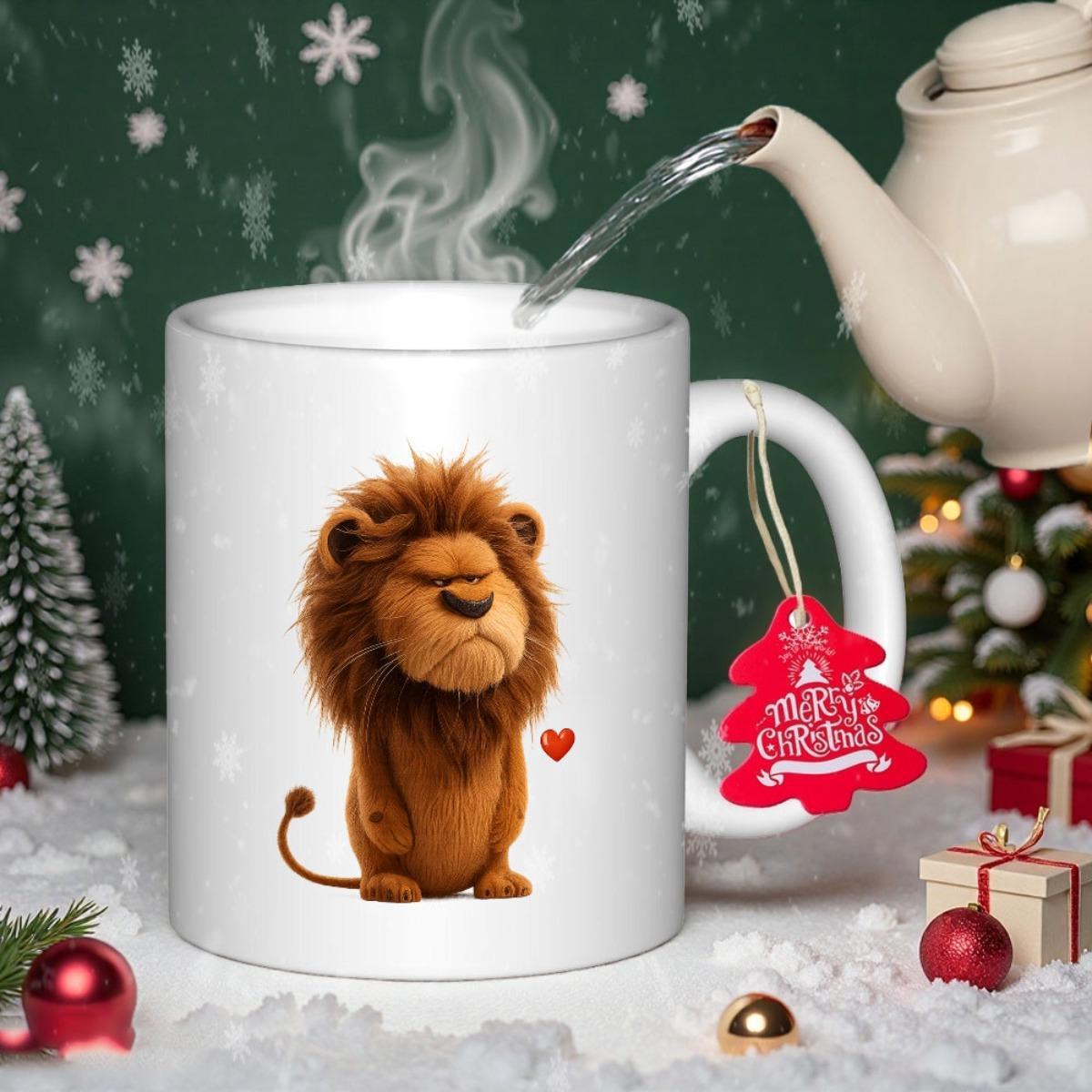 Tailorly White Ceramic 11 oz Mug - Merry Christmas Cute Brown Grumpy Furry Animal With A Small Red Heart Floating Beside Lion