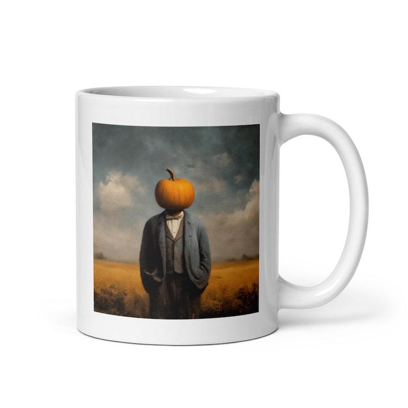 Tailorly White Ceramic 11 oz Mug - Mysterious Suited Figure Standing In Golden Field Under Cloudy Sky Pumpkin Man