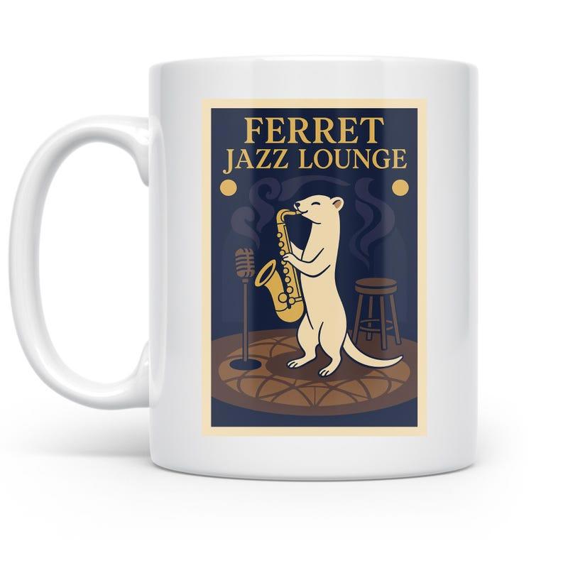Tailorly White Ceramic 11 oz Mug - Ferret Jazz Lounge Whimsical Musician Playing Saxophone On A Smoky Stage Ferret