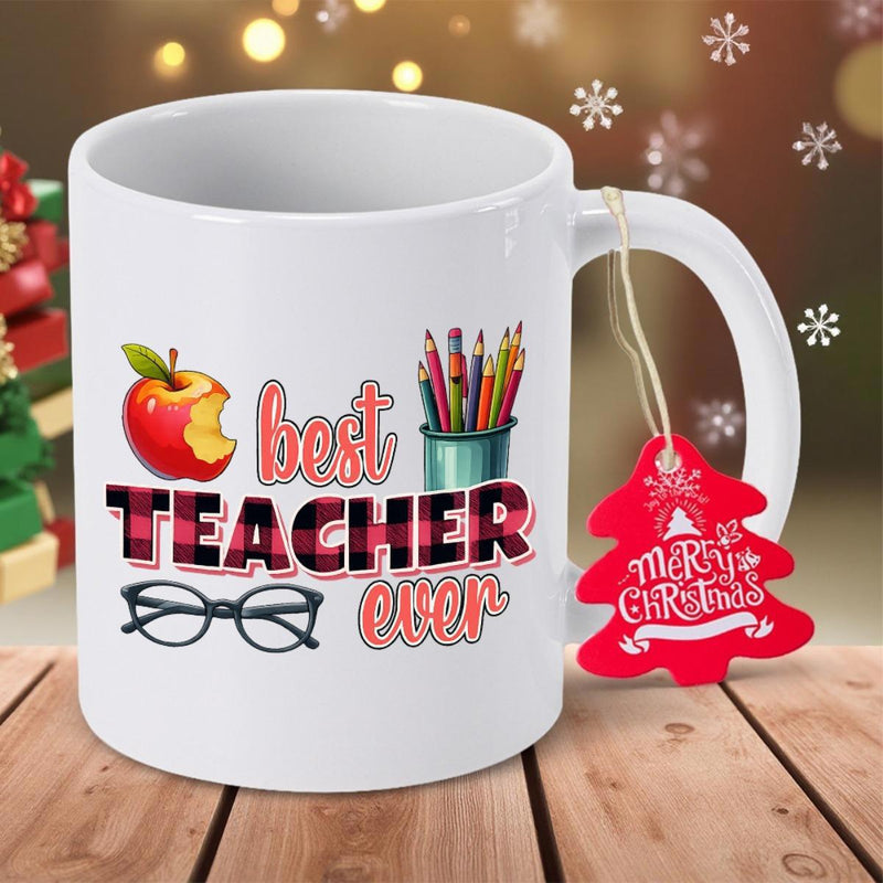 Tailorly White Ceramic 11 oz Mug - Best Teacher Ever Bitten Red Apple Beside Colorful Pencils And Classic Black Spectacles Apple