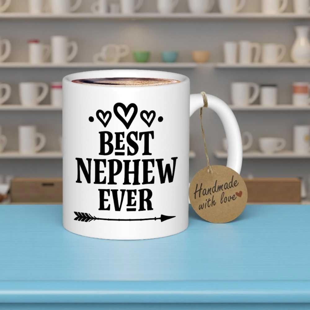 Tailorly White Ceramic 11 oz Mug - Best Nephew Ever Featuring Elegant Hearts And Tribal Arrow With Bold Vintage Typographic Sign