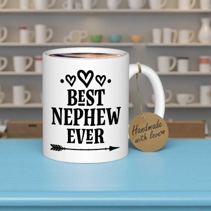 Tailorly White Ceramic 11 oz Mug - Best Nephew Ever Featuring Elegant Hearts And Tribal Arrow With Bold Vintage Typographic Sign