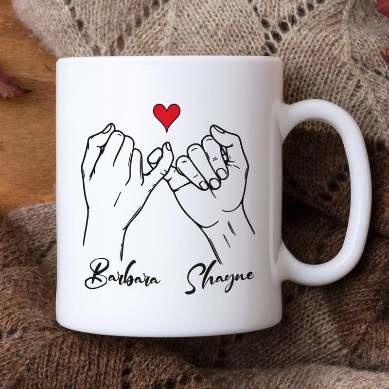Tailorly White Ceramic 11 oz Mug - Barbara Shayne Minimalist Line Art Hands Making A Pinky Promise Under Red Heart Gesture