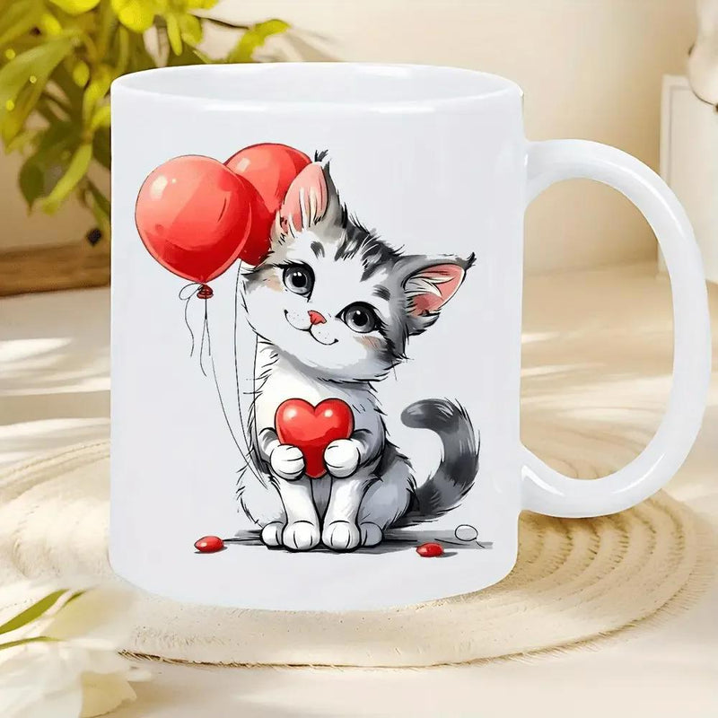Tailorly White Ceramic 11 oz Mug - Adorable Grey Tabby Holding A Red Heart Under Floating Red Balloons Kitten