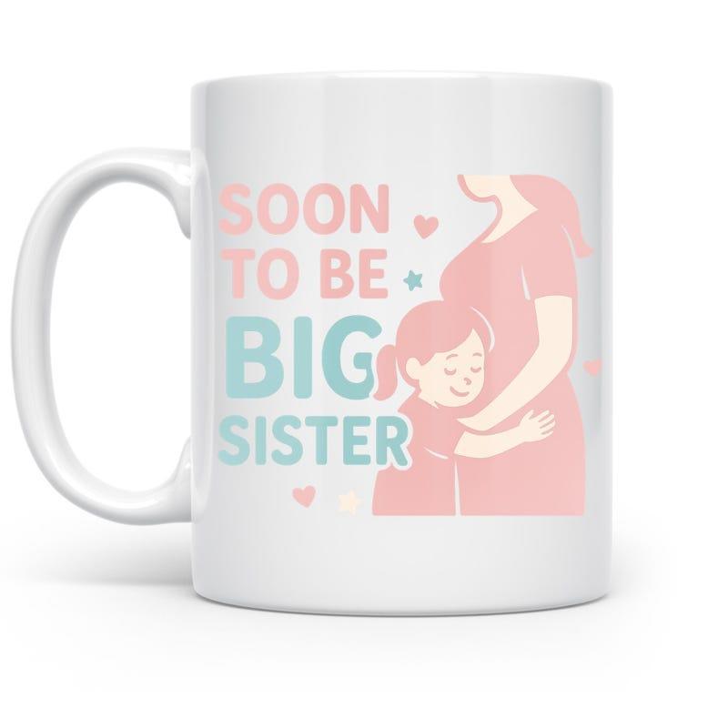 Tailorly White Ceramic 11 oz Mug - Soon To Be Big Sister Minimalist Illustration Of Girl Hugging A Pregnant Mother Silhouette