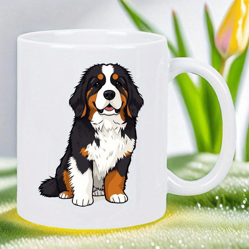 Tailorly White Ceramic 11 oz Mug - Cute Sitting With Fluffy Fur And Tri Color Markings Bernese Mountain Dog