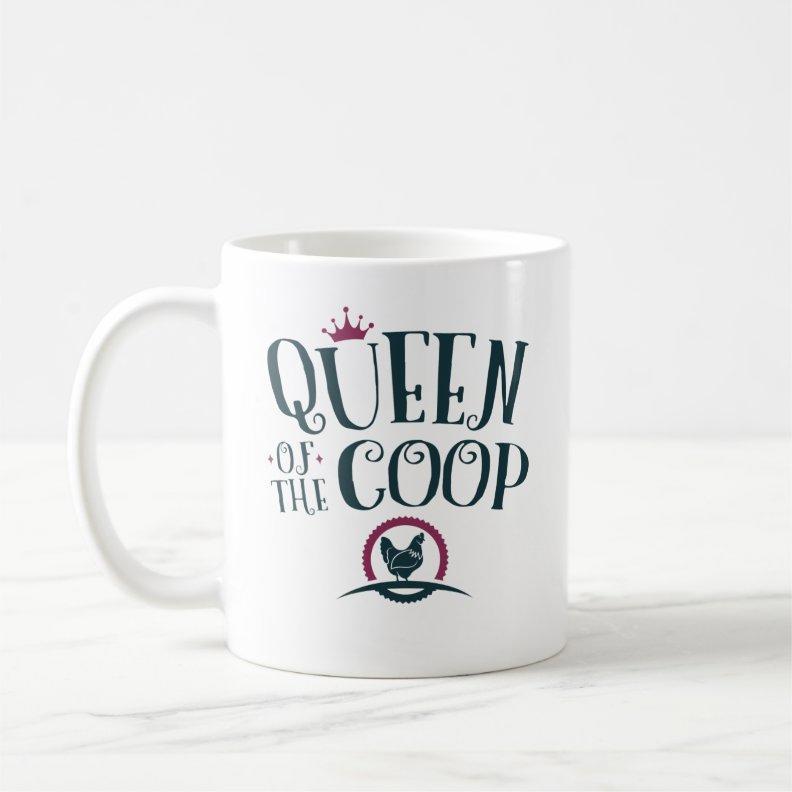 Tailorly White Ceramic 11 oz Mug - Queen Of The Coop Stylized Farmhouse Crest With A Small Pink Crown And Royal Silhouette Chicken