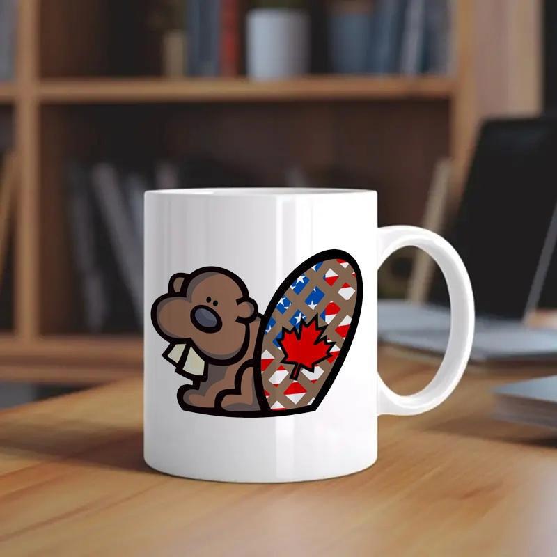Tailorly White Ceramic 11 oz Mug - Cute Brown Cartoon Character With Colorful Patterned Tail Featuring Red Canadian Maple Leaf Beaver
