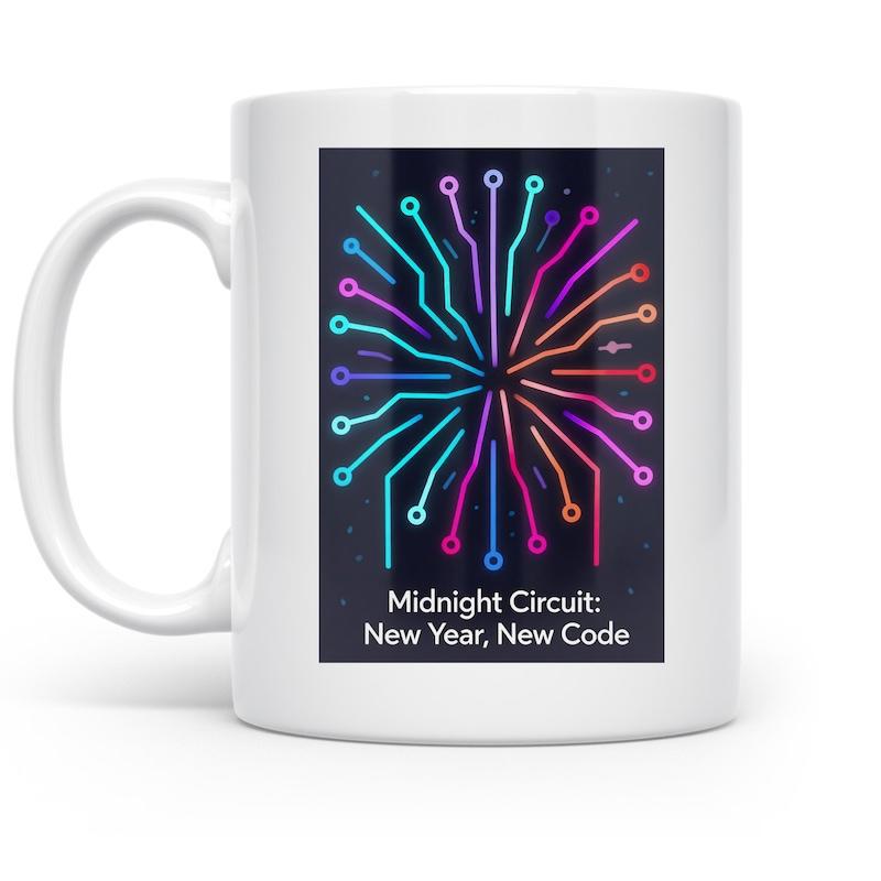 Tailorly White Ceramic 11 oz Mug - Midnight Circuit New Year New Code Vibrant Neon Circuit Lines Radiating Like Colorful Fireworks Mug