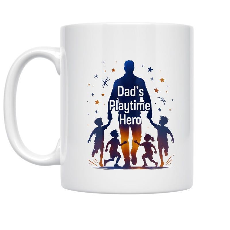 Tailorly White Ceramic 11 oz Mug - Dads Playtime Hero Silhouette Of A Father Holding Children Hands Among Stars Father Silhouette