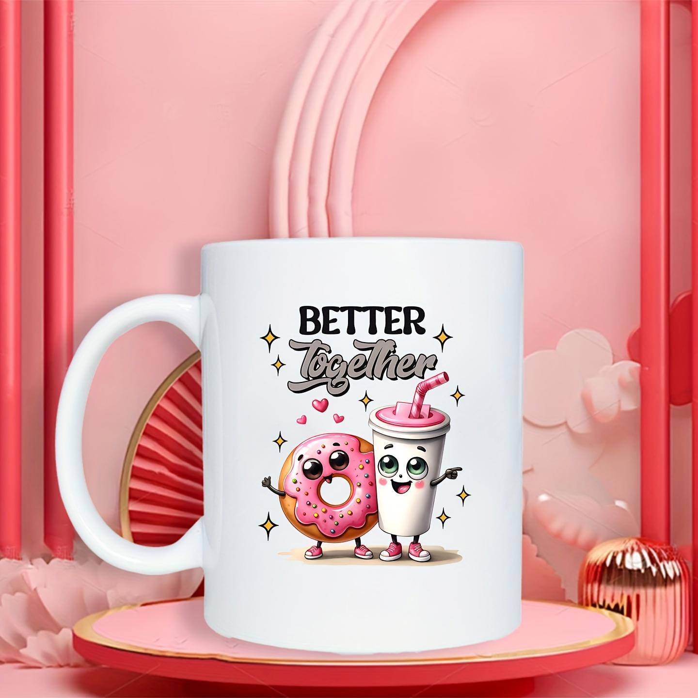Tailorly White Ceramic 11 oz Mug - Better Together Adorable Pink Glazed Donut And Smiling Milkshake Character With Twinkling Stars Donut