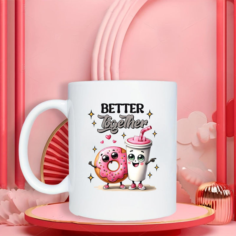 Tailorly White Ceramic 11 oz Mug - Better Together Adorable Pink Glazed Donut And Smiling Milkshake Character With Twinkling Stars Donut