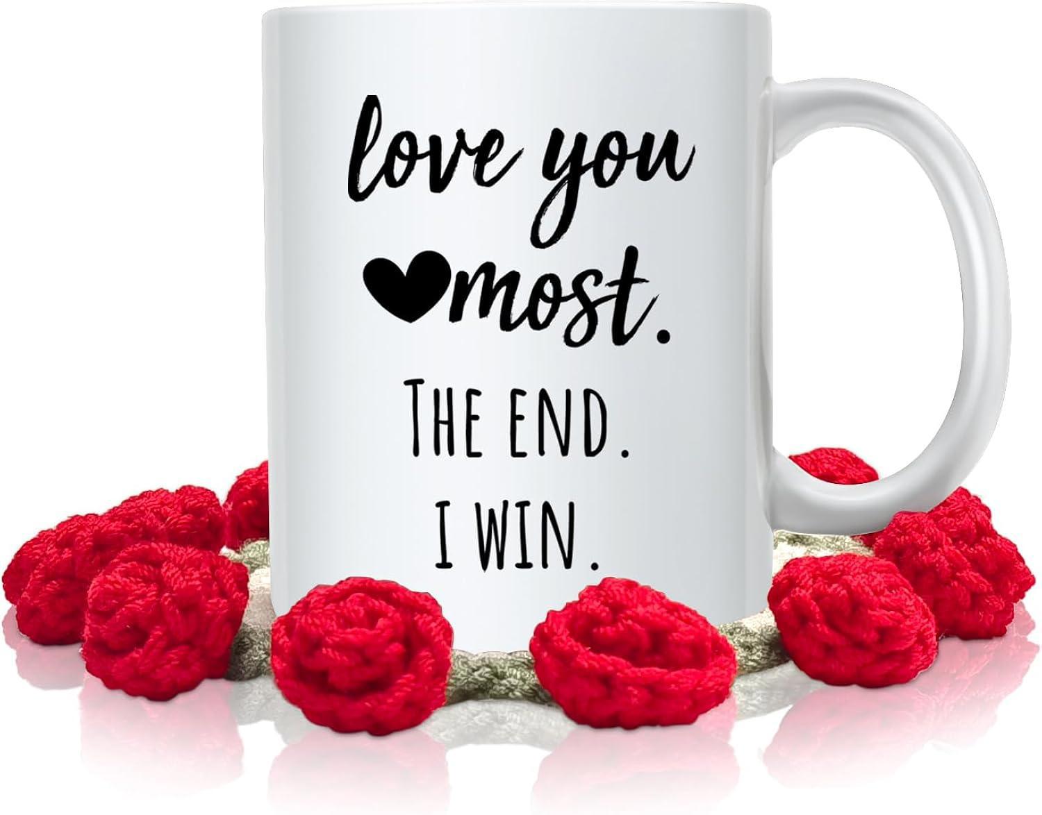 Tailorly White Ceramic 11 oz Mug - Love You Most The End I Win Simple Minimalist Black Heart Icon Within Romantic Scripted Typography Heart