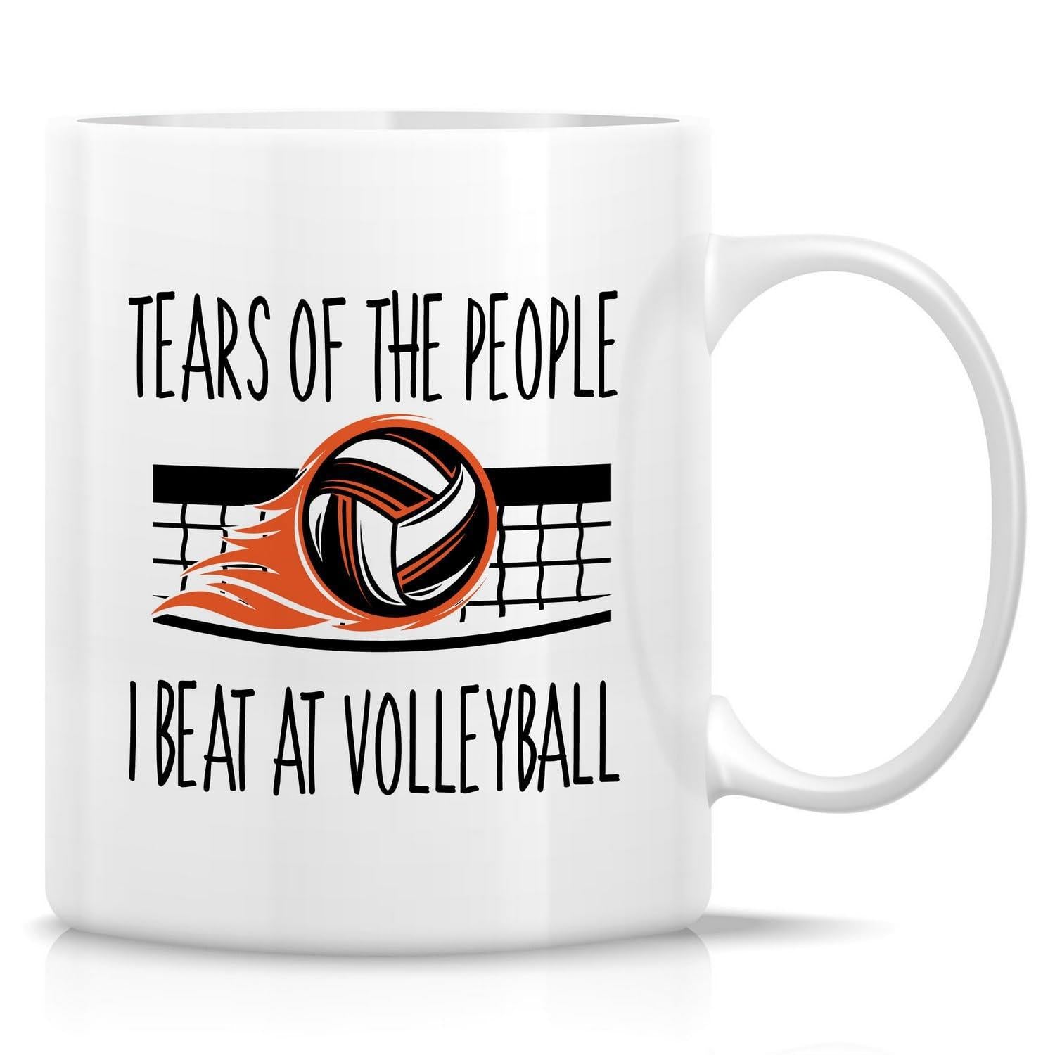 Tailorly White Ceramic 11 oz Mug - Tears Of The People I Beat At Volleyball Fast Moving With Orange Flames Over A Detailed Court Net Volleyball