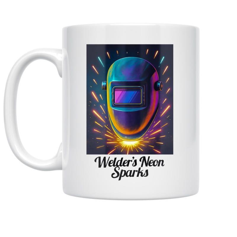 Tailorly White Ceramic 11 oz Mug - Welders Neon Sparks Vibrant Colorful Welding Helmet Surrounded By Brilliant Radiant Electric Neon Sparks Helmet