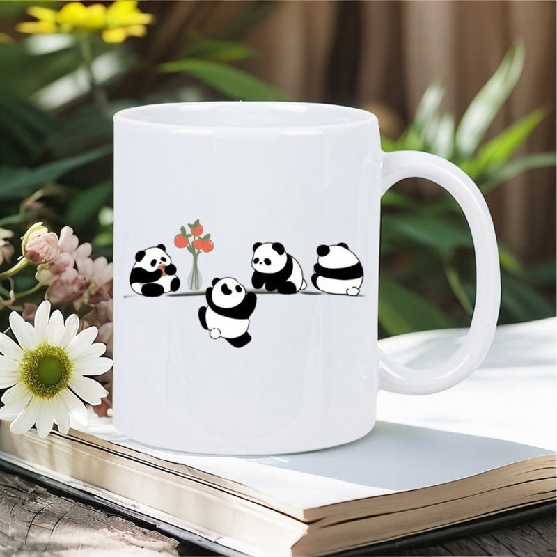 Tailorly White Ceramic 11 oz Mug - Adorable Cartoon Pandas Gathering Near A Small Delicate Floral Vase Panda