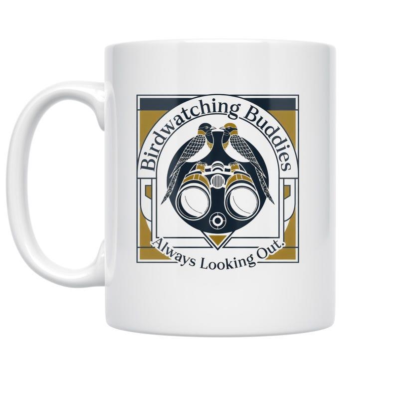 Tailorly White Ceramic 11 oz Mug - Birdwatching Buddies Always Looking Out Two Small Birds Perched Upon Binoculars Inside A Geometric Framed Pattern Birds