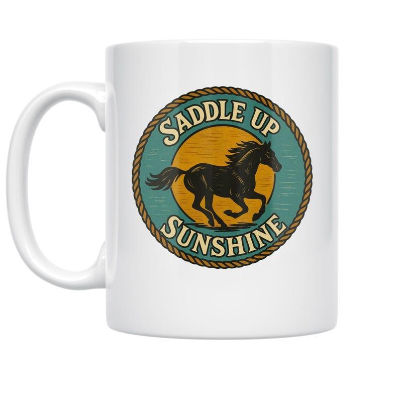 Tailorly White Ceramic 11 oz Mug - Saddle Up Sunshine Vintage Circular Badge Featuring Galloping Black Horse Under Golden Sun Horse